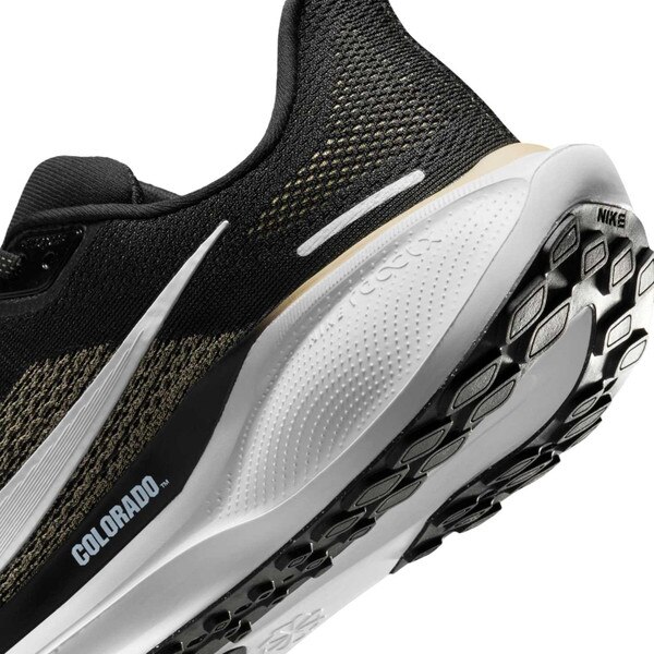 Detailed heel view of black Nike Air Zoom running shoe with white and gold midsole, “Colorado” text, and grippy black outsole